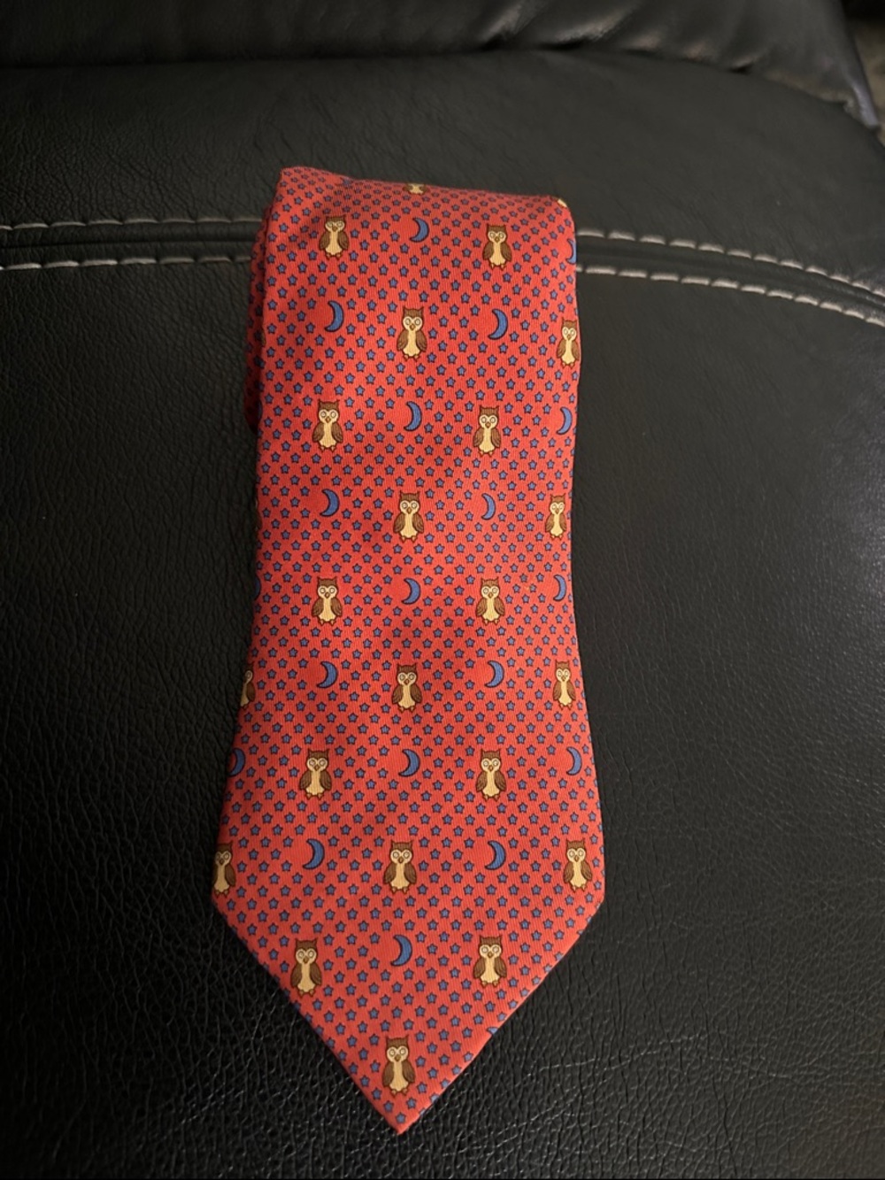 Hermes Red Silk Tie with Owl & Crescent Motif